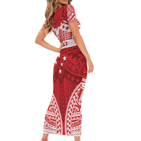 Personalised Toa Samoa Rugby Spirit Family Matching Short Sleeve Bodycon Dress and Hawaiian Shirt Red Samoan Tribal Pattern LT9 - Polynesian Pride