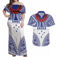 Personalised Toa Samoa Rugby Spirit Couples Matching Off Shoulder Maxi Dress and Hawaiian Shirt White Samoan Tribal Pattern LT9 White - Polynesian Pride