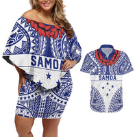 Personalised Toa Samoa Rugby Spirit Couples Matching Off Shoulder Short Dress and Hawaiian Shirt White Samoan Tribal Pattern LT9 White - Polynesian Pride