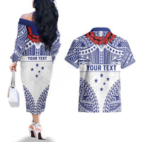 Personalised Toa Samoa Rugby Spirit Couples Matching Off The Shoulder Long Sleeve Dress and Hawaiian Shirt White Samoan Tribal Pattern LT9 - Polynesian Pride