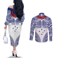 Personalised Toa Samoa Rugby Spirit Couples Matching Off The Shoulder Long Sleeve Dress and Long Sleeve Button Shirt White Samoan Tribal Pattern LT9 - Polynesian Pride