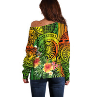 Polynesia Off Shoulder Sweater Pasifika Tribal with Tropical Flowers LT9 - Polynesian Pride