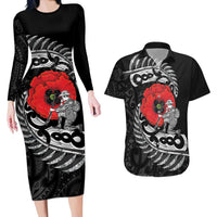 ANZAC Day Aotearoa Silver Fern Maori Personalised Couples Matching Long Sleeve Bodycon Dress and Hawaiian Shirt LT9 Black - Polynesian Pride