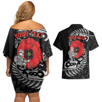 ANZAC Day Aotearoa Silver Fern Maori Personalised Couples Matching Off Shoulder Short Dress and Hawaiian Shirt LT9 - Polynesian Pride