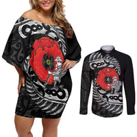 ANZAC Day Aotearoa Silver Fern Maori Personalised Couples Matching Off Shoulder Short Dress and Long Sleeve Button Shirt LT9 Black - Polynesian Pride