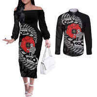 ANZAC Day Aotearoa Silver Fern Maori Personalised Couples Matching Off The Shoulder Long Sleeve Dress and Long Sleeve Button Shirt LT9 Black - Polynesian Pride
