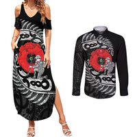 ANZAC Day Aotearoa Silver Fern Maori Personalised Couples Matching Summer Maxi Dress and Long Sleeve Button Shirt LT9 Black - Polynesian Pride