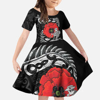 ANZAC Day Aotearoa Silver Fern Maori Personalised Family Matching Tank Maxi Dress and Hawaiian Shirt LT9 Daughter's Dress Black - Polynesian Pride