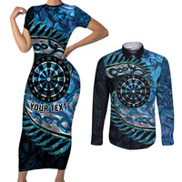 New Zealand Darts Personalised Couples Matching Short Sleeve Bodycon Dress and Long Sleeve Button Shirt Aotearoa Silver Fern Blue Papua Shell Spirit LT9 Blue - Polynesian Pride