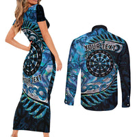 New Zealand Darts Personalised Couples Matching Short Sleeve Bodycon Dress and Long Sleeve Button Shirt Aotearoa Silver Fern Blue Papua Shell Spirit LT9 - Polynesian Pride