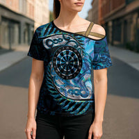 New Zealand Darts Personalised Cross Shoulder Shirt Aotearoa Silver Fern Blue Papua Shell Spirit LT9 - Polynesian Pride