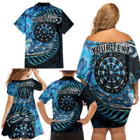 New Zealand Darts Personalised Family Matching Off Shoulder Short Dress and Hawaiian Shirt Aotearoa Silver Fern Blue Papua Shell Spirit LT9 - Polynesian Pride