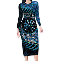 New Zealand Darts Personalised Long Sleeve Bodycon Dress Aotearoa Silver Fern Blue Papua Shell Spirit LT9 Long Dress Blue - Polynesian Pride