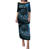 New Zealand Darts Personalised Puletasi Aotearoa Silver Fern Blue Papua Shell Spirit LT9 Long Dress Blue - Polynesian Pride