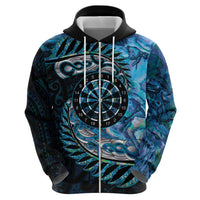 New Zealand Darts Personalised Zip Hoodie Aotearoa Silver Fern Blue Papua Shell Spirit LT9 - Polynesian Pride