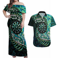 New Zealand Darts Personalised Couples Matching Off Shoulder Maxi Dress and Hawaiian Shirt Aotearoa Silver Fern Green Papua Shell Spirit LT9 Green - Polynesian Pride