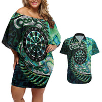 New Zealand Darts Personalised Couples Matching Off Shoulder Short Dress and Hawaiian Shirt Aotearoa Silver Fern Green Papua Shell Spirit LT9 Green - Polynesian Pride