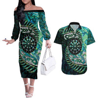 New Zealand Darts Personalised Couples Matching Off The Shoulder Long Sleeve Dress and Hawaiian Shirt Aotearoa Silver Fern Green Papua Shell Spirit LT9 Green - Polynesian Pride