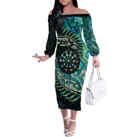 New Zealand Darts Personalised Family Matching Off The Shoulder Long Sleeve Dress and Hawaiian Shirt Aotearoa Silver Fern Green Papua Shell Spirit LT9 Mom's Dress Green - Polynesian Pride