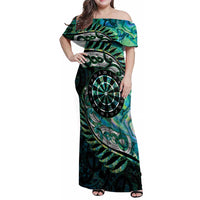 New Zealand Darts Personalised Family Matching Off Shoulder Maxi Dress and Hawaiian Shirt Aotearoa Silver Fern Green Papua Shell Spirit LT9 Mom's Dress Green - Polynesian Pride