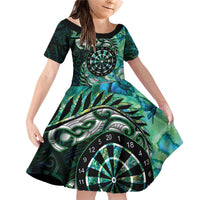 New Zealand Darts Personalised Family Matching Off Shoulder Short Dress and Hawaiian Shirt Aotearoa Silver Fern Green Papua Shell Spirit LT9 Daughter's Dress Green - Polynesian Pride