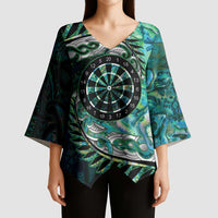 New Zealand Darts Personalised Kimono Sleeve Blouse Aotearoa Silver Fern Green Papua Shell Spirit LT9 - Polynesian Pride