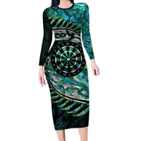 New Zealand Darts Personalised Long Sleeve Bodycon Dress Aotearoa Silver Fern Green Papua Shell Spirit LT9 Long Dress Green - Polynesian Pride