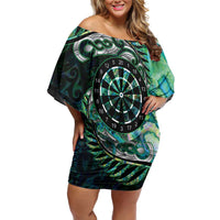 New Zealand Darts Personalised Off Shoulder Short Dress Aotearoa Silver Fern Green Papua Shell Spirit LT9 Women Green - Polynesian Pride