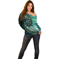New Zealand Darts Personalised Off Shoulder Sweater Aotearoa Silver Fern Green Papua Shell Spirit LT9 - Polynesian Pride