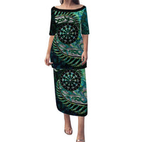 New Zealand Darts Personalised Puletasi Aotearoa Silver Fern Green Papua Shell Spirit LT9 Long Dress Green - Polynesian Pride