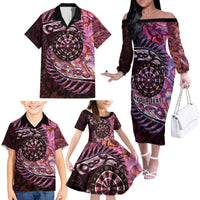 New Zealand Darts Personalised Family Matching Off The Shoulder Long Sleeve Dress and Hawaiian Shirt Aotearoa Silver Fern Pink Papua Shell Spirit LT9 - Polynesian Pride