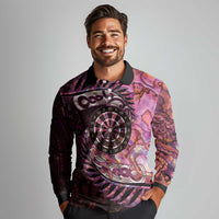 New Zealand Darts Personalised Long Sleeve Polo Shirt Aotearoa Silver Fern Pink Papua Shell Spirit LT9 - Polynesian Pride