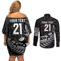 New Zealand Indigenous-Maori Rugby Custom Couples Matching Off Shoulder Short Dress and Long Sleeve Button Shirt