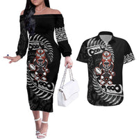 New Zealand Indigenous-Maori Rugby Custom Couples Matching Off The Shoulder Long Sleeve Dress and Hawaiian Shirt