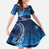 New Zealand Matariki Kid Short Sleeve Dress Taniko Aramoana With Koru Galaxy Sky Night LT9 KID Galaxy - Polynesian Pride