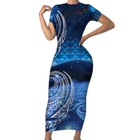 New Zealand Matariki Short Sleeve Bodycon Dress Taniko Aramoana With Koru Galaxy Sky Night LT9 Long Dress Galaxy - Polynesian Pride