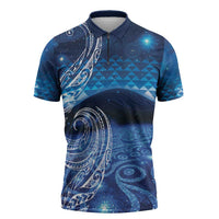 New Zealand Matariki Zipper Polo Shirt Taniko Aramoana With Koru Galaxy Sky Night LT9 Galaxy - Polynesian Pride
