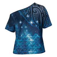 New Zealand Matariki Cross Shoulder Shirt Taniko Aramoana With Maori Galaxy Sky Night LT9 - Polynesian Pride