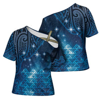New Zealand Matariki Cross Shoulder Shirt Taniko Aramoana With Maori Galaxy Sky Night LT9 - Polynesian Pride