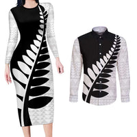 New Zealand Silver Fern Niho Taniwha Couples Matching Long Sleeve Bodycon Dress and Long Sleeve Button Shirt LT9 Black - Polynesian Pride