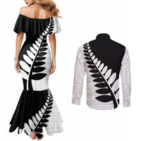 New Zealand Silver Fern Niho Taniwha Couples Matching Mermaid Dress and Long Sleeve Button Shirt LT9 - Polynesian Pride
