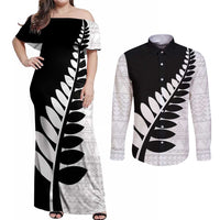 New Zealand Silver Fern Niho Taniwha Couples Matching Off Shoulder Maxi Dress and Long Sleeve Button Shirt LT9 Black - Polynesian Pride