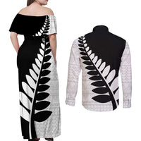 New Zealand Silver Fern Niho Taniwha Couples Matching Off Shoulder Maxi Dress and Long Sleeve Button Shirt LT9 - Polynesian Pride