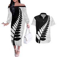 New Zealand Silver Fern Niho Taniwha Couples Matching Off The Shoulder Long Sleeve Dress and Hawaiian Shirt LT9 Black - Polynesian Pride