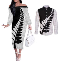 New Zealand Silver Fern Niho Taniwha Couples Matching Off The Shoulder Long Sleeve Dress and Long Sleeve Button Shirt LT9 Black - Polynesian Pride