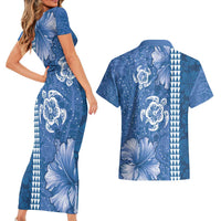 Blue Hibiscus Turle Couples Matching Short Sleeve Bodycon Dress and Hawaiian Shirt Hawaiian Style Tribal Tapa Pattern LT9 - Polynesian Pride