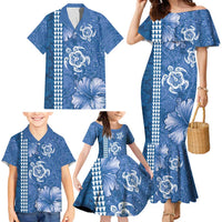 Blue Hibiscus Turle Family Matching Mermaid Dress and Hawaiian Shirt Hawaiian Style Tribal Tapa Pattern LT9 - Polynesian Pride