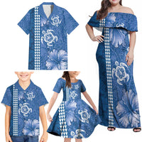 Blue Hibiscus Turle Family Matching Off Shoulder Maxi Dress and Hawaiian Shirt Hawaiian Style Tribal Tapa Pattern LT9 - Polynesian Pride