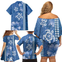 Blue Hibiscus Turle Family Matching Off Shoulder Short Dress and Hawaiian Shirt Hawaiian Style Tribal Tapa Pattern LT9 - Polynesian Pride