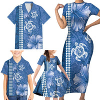 Blue Hibiscus Turle Family Matching Short Sleeve Bodycon Dress and Hawaiian Shirt Hawaiian Style Tribal Tapa Pattern LT9 - Polynesian Pride